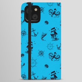 Turquoise And Blue Silhouettes Of Vintage Nautical Pattern iPhone Wallet Case