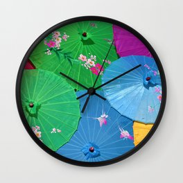 Multi-colored Chinese umbrellas / parasols with tropical pink flower petals color photograph / photography for home and wall decor Wall Clock