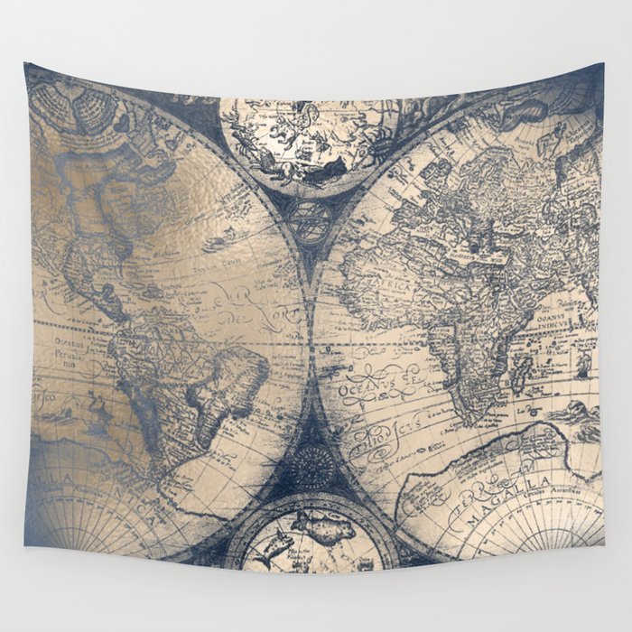 Antique World Map White Gold Navy Blue by Nature Magick Wall Tapestry