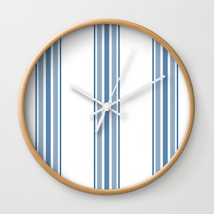 Farmhouse Blue Ticking Stripes on White Wall Clock