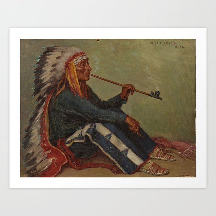 Full portrait of Chief Flat Iron smoking peace pipe Sioux First Nations American Indian portrait painting by Joseph Henry Sharp Art Print