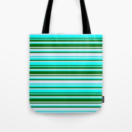 [ Thumbnail: Cyan, Dark Green & Lavender Colored Lined/Striped Pattern Tote Bag ]
