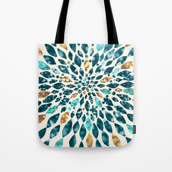 Glitter Dahlia in Gold, Aqua and Ocean Green Tote Bag