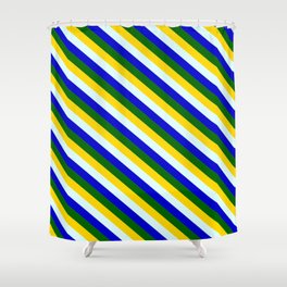 [ Thumbnail: Yellow, Light Cyan, Blue, and Dark Green Colored Lined Pattern Shower Curtain ]