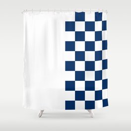 Dark Navy Blue and White Chess With Solid White Vertical Split   Shower Curtain