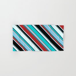 [ Thumbnail: Colorful Black, Dark Turquoise, Red, Light Cyan, and Sky Blue Colored Pattern of Stripes Hand & Bath Towel ]