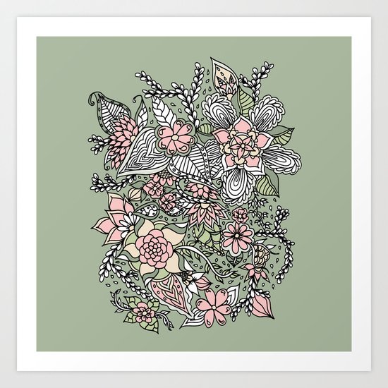 Modern green pink floral handdrawn pattern Art Print