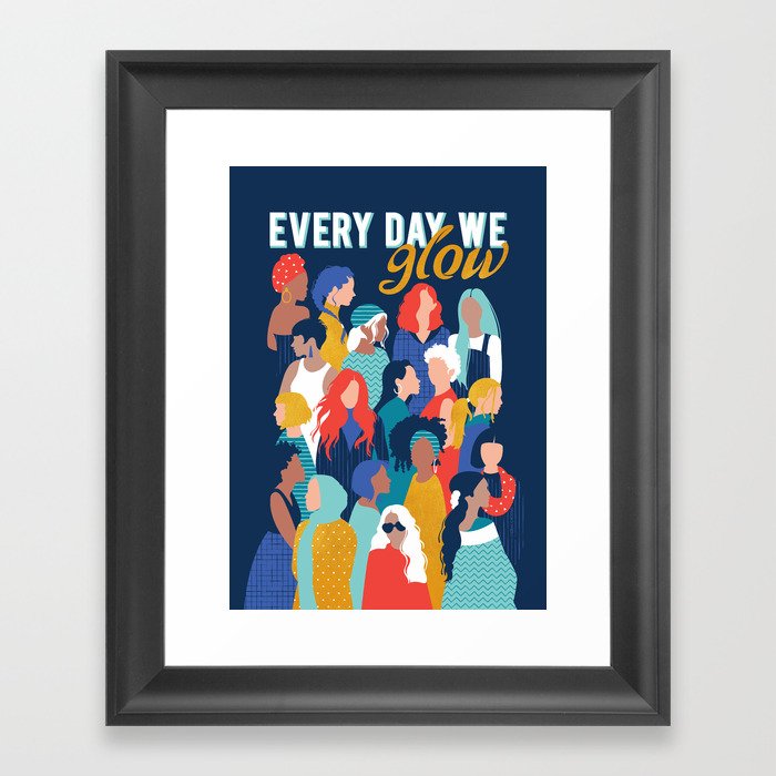 Every day we glow International Women's Day // midnight navy blue background teal, mint, electric blue neon orange red and gold humans  Framed Art Print