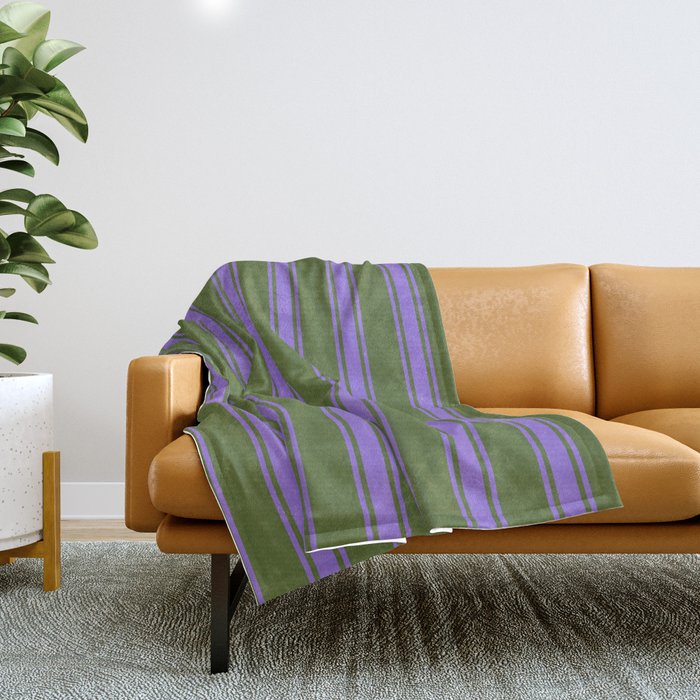 Dark Olive Green and Purple Colored Lines Pattern Throw Blanket