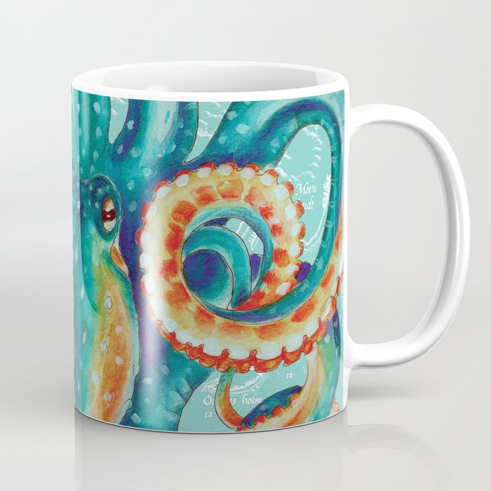 Teal Octopus On Light Teal Vintage Map Coffee Mug