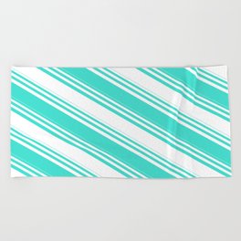 [ Thumbnail: White and Turquoise Colored Lined/Striped Pattern Beach Towel ]