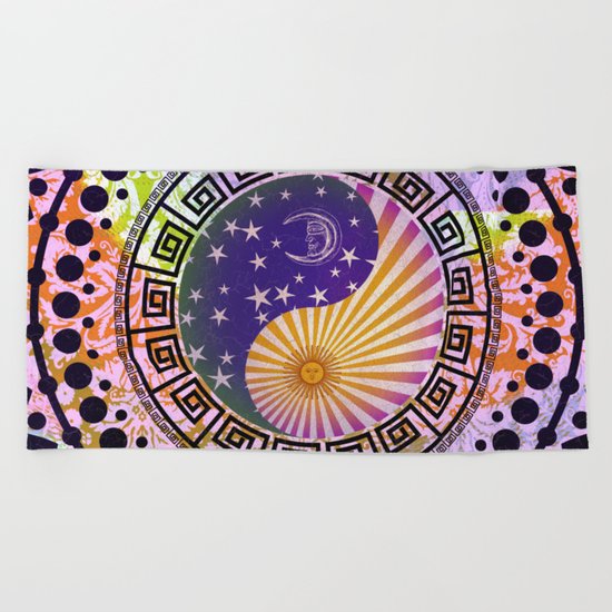 Vintage Sun Moon & Stars Yin & Yang Beach Towel