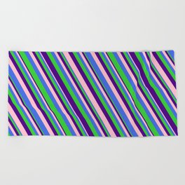 [ Thumbnail: Pink, Royal Blue, Lime Green, and Indigo Colored Lined/Striped Pattern Beach Towel ]