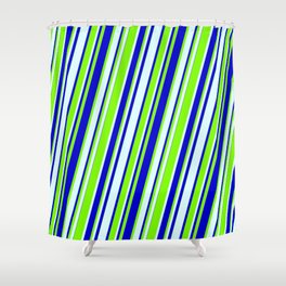 [ Thumbnail: Light Cyan, Blue & Green Colored Lined/Striped Pattern Shower Curtain ]