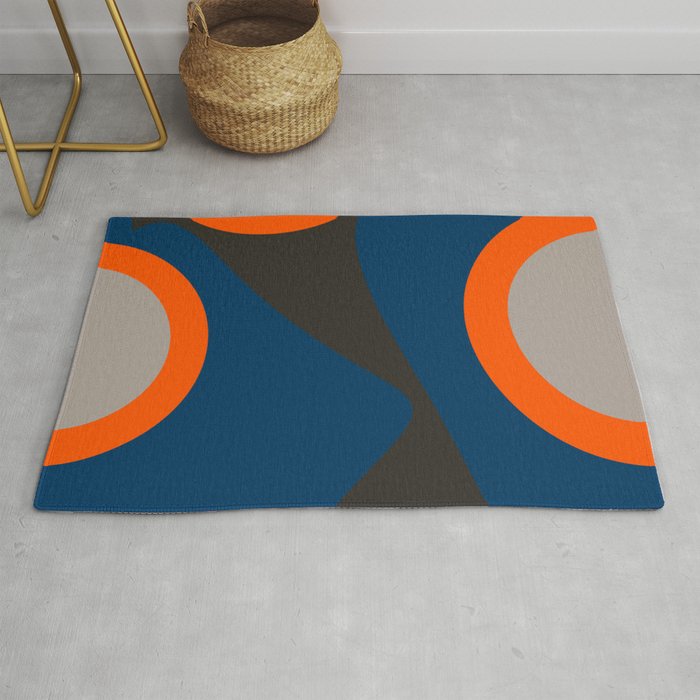 Abstract Shapes Blue and Orange on Black Art Rug