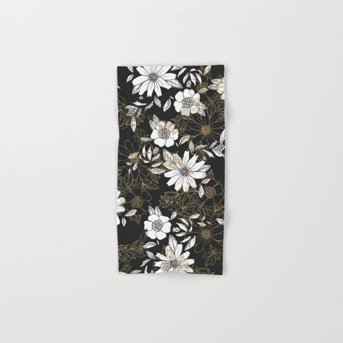 Modern black white faux gold elegant floral Hand Bath Towel by