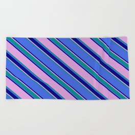 [ Thumbnail: Plum, Dark Cyan, Royal Blue, and Blue Colored Lined Pattern Beach Towel ]