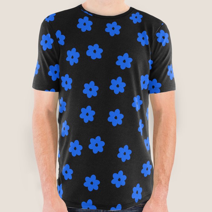 Aesthetic Retro Royal Blue Baby Flowers Black Background All Over