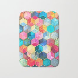 Crystal Bohemian Honeycomb Cubes - colorful hexagon pattern Bath Mat