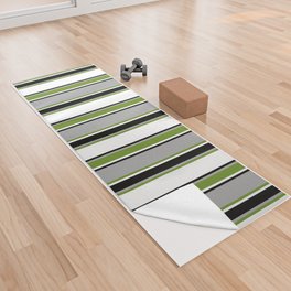 [ Thumbnail: Dark Gray, Green, White & Black Colored Lines/Stripes Pattern Yoga Towel ]