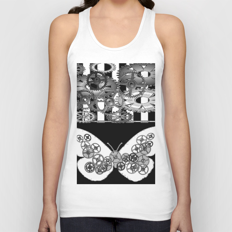 Black White Clockwork Butterfly Abstract Art Unisex Tank Top By