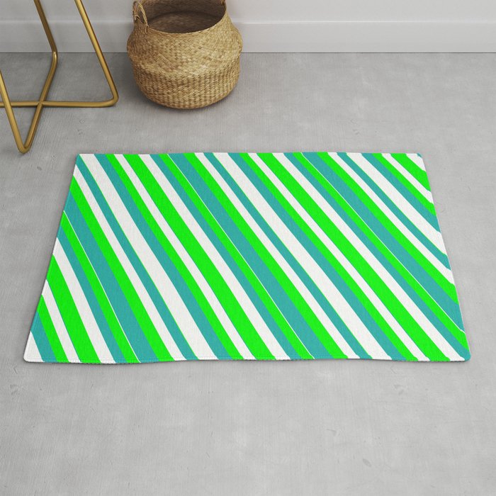 Lime, Light Sea Green & White Colored Striped/Lined Pattern Rug