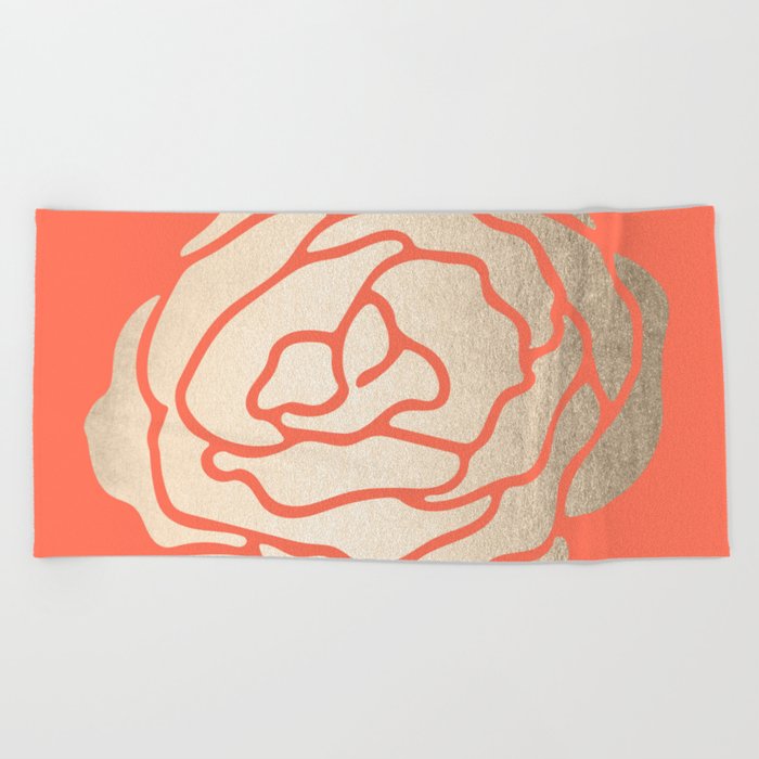 Rose White Gold Sands on Deep Coral Beach Towel