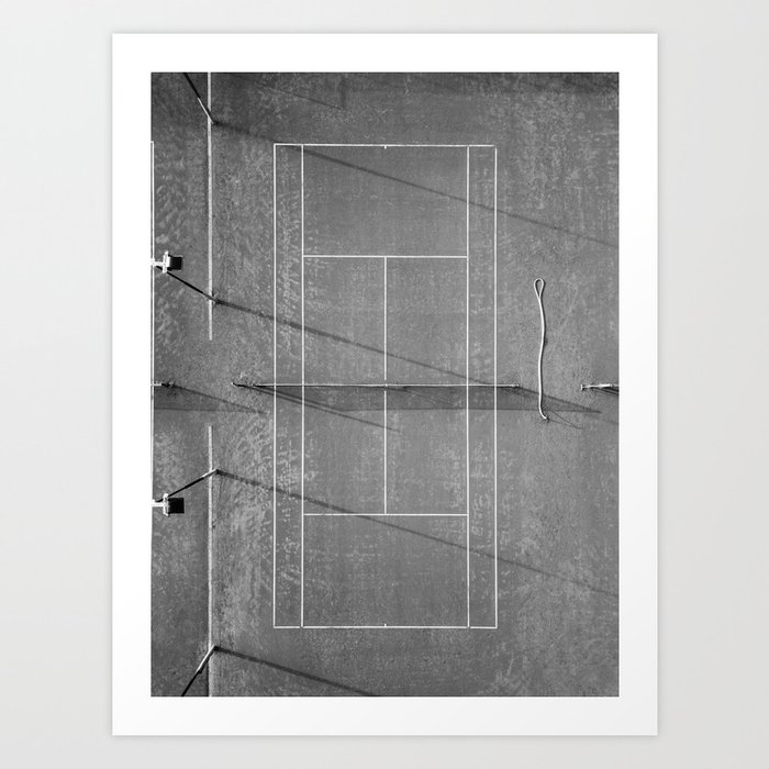 Grey tennis court at sunrise | Black and white drone aerial photography art | sports field print Art Print
