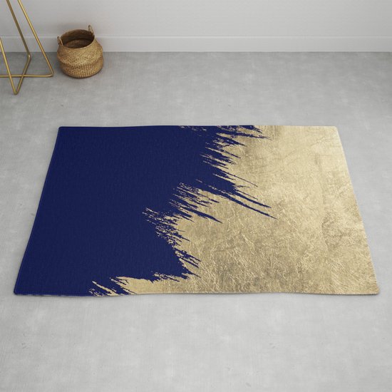 Navy Blue Abstract Faux Gold Brushstrokes Rug By Pink Water Society6