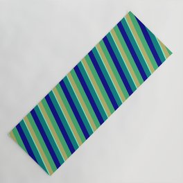 [ Thumbnail: Vibrant Dark Khaki, Sea Green, Dark Blue, Teal & Aquamarine Colored Striped Pattern Yoga Mat ]