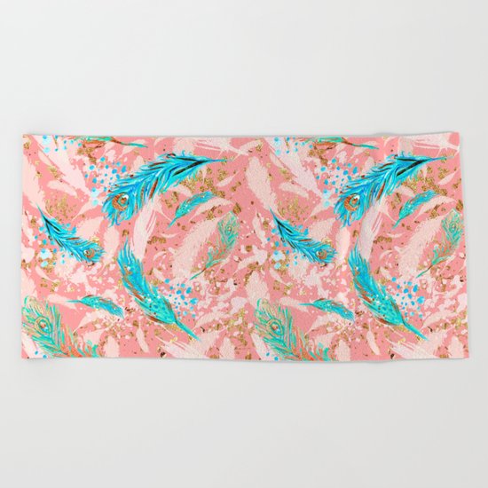 Feather peacock peach mint #10 Beach Towel