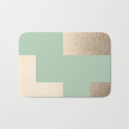 Simply Geometric White Gold Sands on Pastel Cactus Green Bath Mat