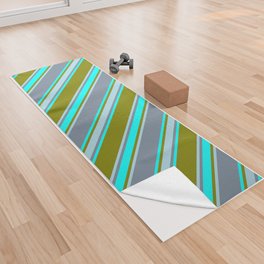 [ Thumbnail: Green, Cyan, Light Slate Gray & Light Blue Colored Stripes Pattern Yoga Towel ]