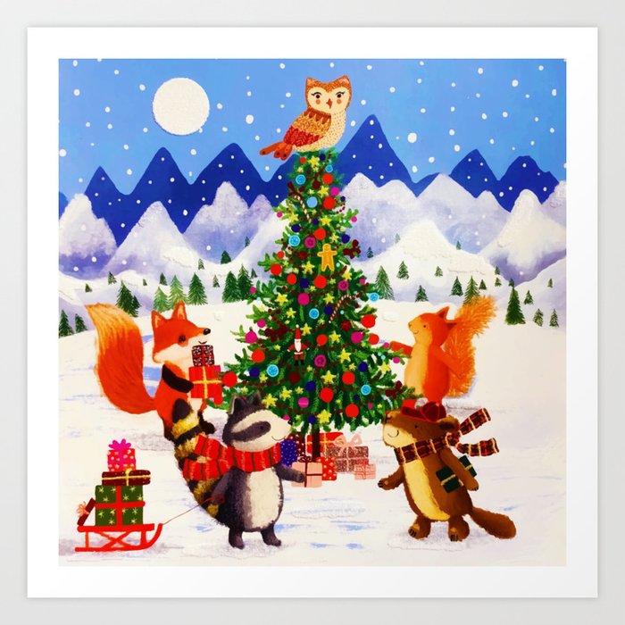 Festive Christmas Mountain Woodland Animal Family Art Print