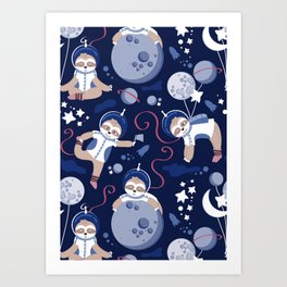 Best Space To Be // navy blue background indigo moons and cute astronauts sloths Art Print