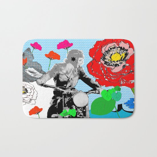 Red Flowers and Lady biking Bath Mat