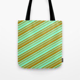 [ Thumbnail: Aquamarine and Dark Goldenrod Colored Lined/Striped Pattern Tote Bag ]