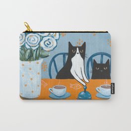 Cats and a French Press Carry-All Pouch | Cat, Curated, Folkart, Frenchpress, Original, Cats, Tuxedocat, Acrylic, Flowers, Blueandorange 