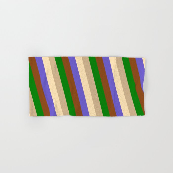 Eye-catching Brown, Green, Tan, Beige & Slate Blue Colored Pattern of Stripes Hand & Bath Towel