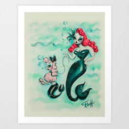 Glamorous Mermaid with Pink Poodle Mermaid Art Print