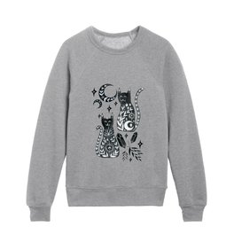 Mystical black cats, crystals and moons - Black and White Kids Crewneck