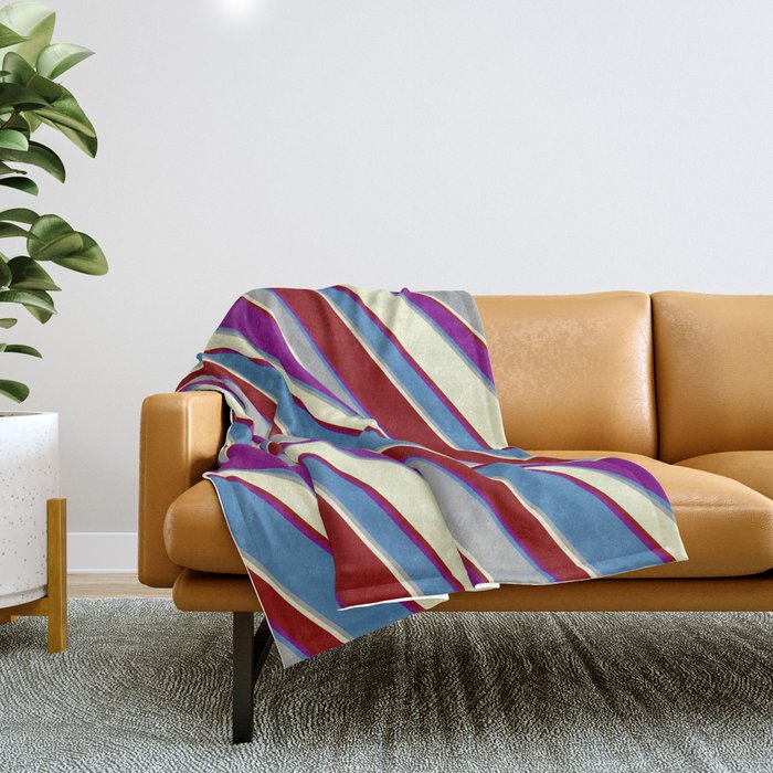 Colorful Purple, Blue, Dark Grey, Light Yellow, and Dark Red Colored Striped/Lined Pattern Throw Blanket