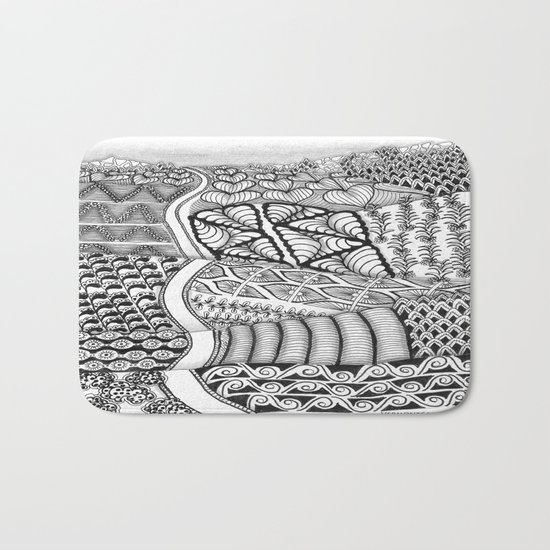 Zentangle Fields of Dream Black and White Adult Coloring Illustration Bath Mat