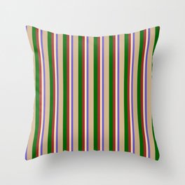 [ Thumbnail: Colorful Slate Blue, Beige, Brown, Dark Green, and Tan Colored Lines Pattern Throw Pillow ]