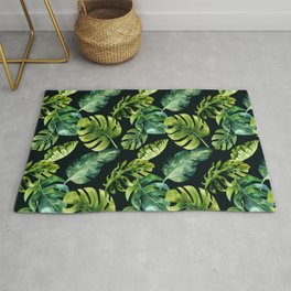 Watercolor Botanical Green Monstera Lush Tropical Palm Leaves Pattern on Solid Black Area & Throw Rug
