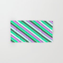 [ Thumbnail: Lavender, Sea Green, Violet & Green Colored Lined Pattern Hand & Bath Towel ]