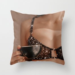 Woman, Glitter Lingerie & a Cup of Coffee Throw Pillow