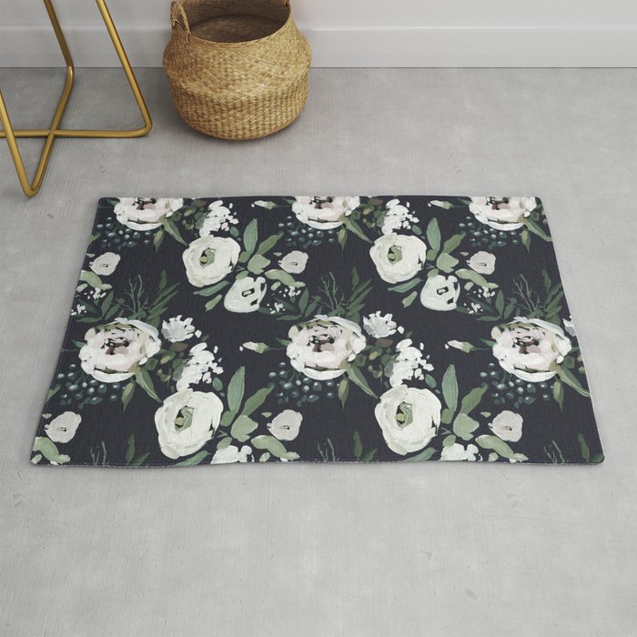 Hand painted white mauve green dark gray watercolor flowers Rug
