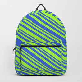 [ Thumbnail: Light Green & Royal Blue Colored Lines/Stripes Pattern Backpack ]