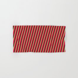 [ Thumbnail: Dark Khaki, Crimson, and Black Colored Striped/Lined Pattern Hand & Bath Towel ]
